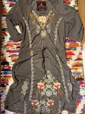 Johnny Was Gray Embroidered High-Low Dress with Pink and Yellow Floral Accents